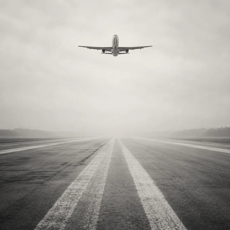Airplane above a foggy airport runway