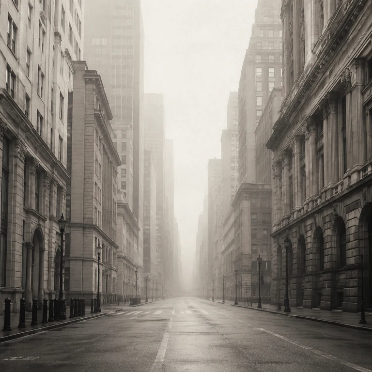 Empty city street between tall buildings in the fog